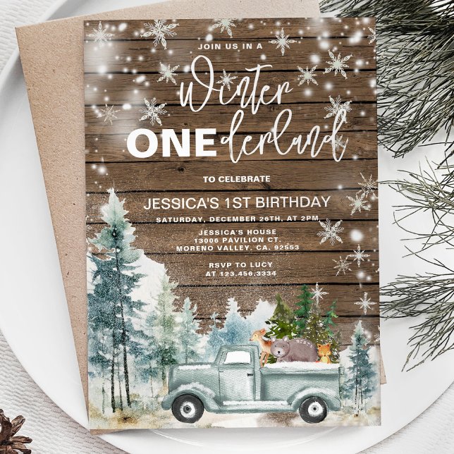 Wood Winter Lastbil Onederland Forest 1 Birthday Inbjudningar (Skapare uppladdad)