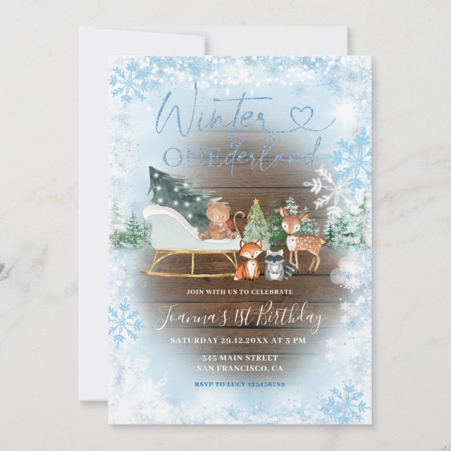 Wood Winter Onederland Blue Animal Birthday Inbjudningar (Framsida)