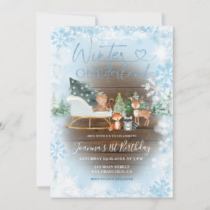 Wood Winter Onederland Blue Animal Birthday Inbjudningar