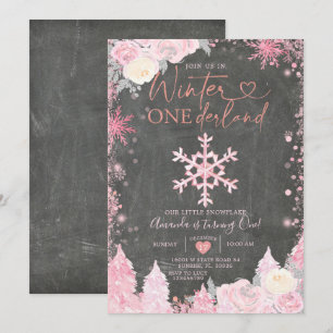 Wood Winter Onederland Rosa Snowflake Födelsedag Inbjudningar