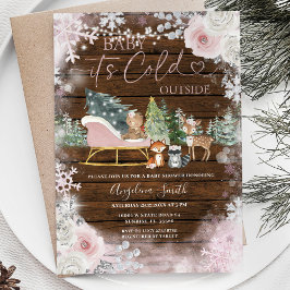 Wood Winter Rosa Snowflake Sleigh Baby Shower Inbjudningar