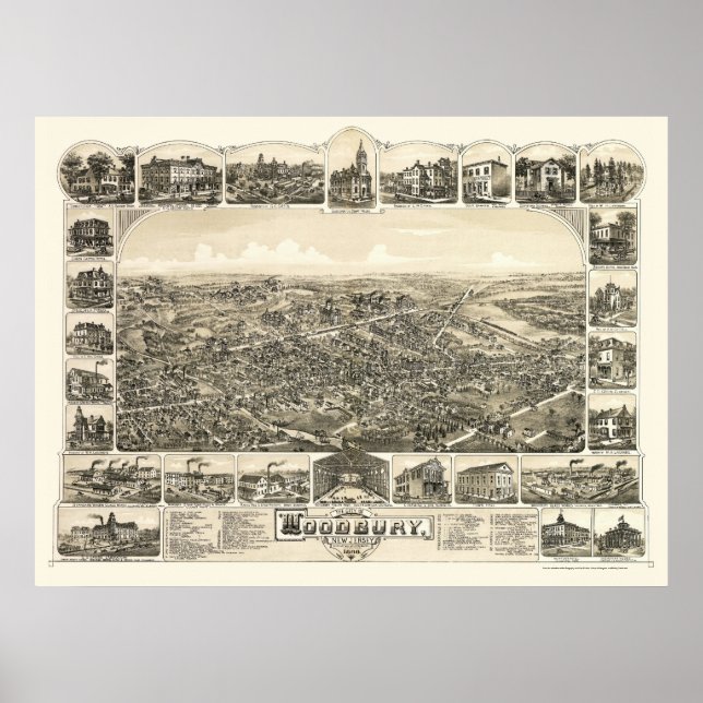 Woodbury, NJ Panoramic Karta - 1886 Poster (Framsidan)