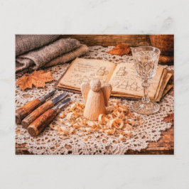 Woodcarving Angel in Progress with Tools and Shavi Vykort