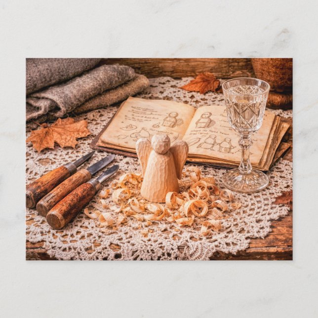 Woodcarving Angel in Progress with Tools and Shavi Vykort (Framsida)