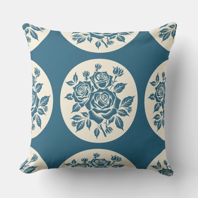 Woodcut Bukett med rosor Locket Cream Navy Kudde (Framsida)