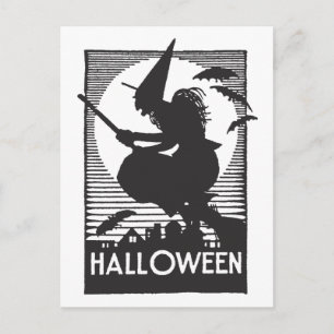 Woodcut Halloween Witch Vykort