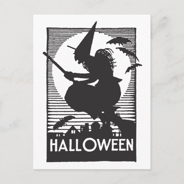 Woodcut Halloween Witch Vykort (Framsida)