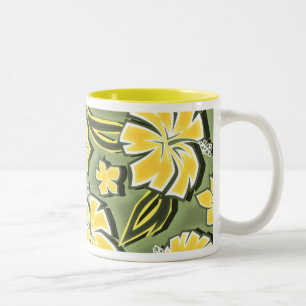Woodcut Hibiscus Hawaiian Tropical Print Två-Tonad Mugg