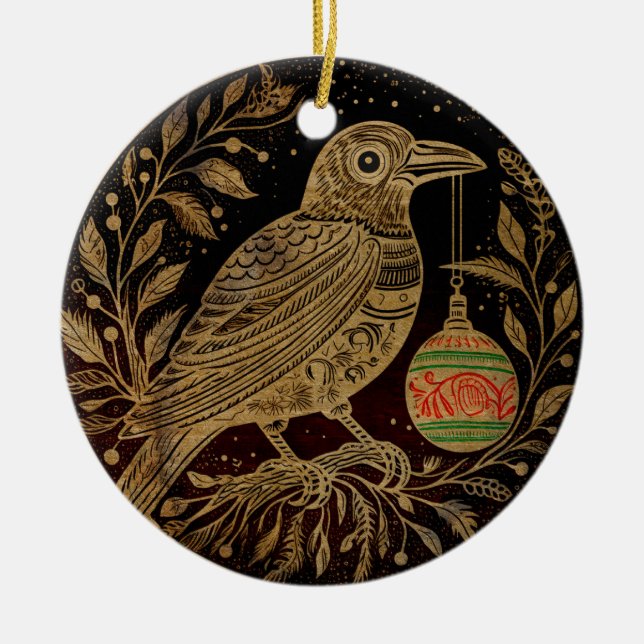 Woodcut Stil jul Raven med Ornament (Framsidan)