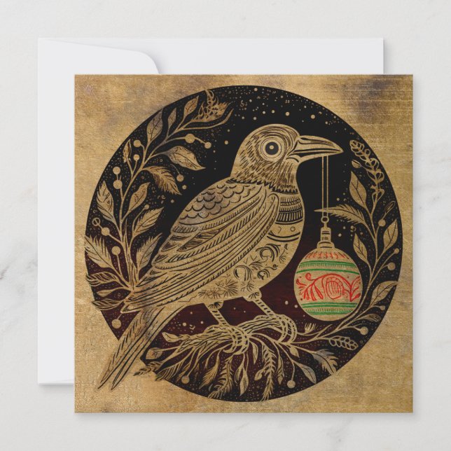 Woodcut Stil jul Raven med Ornament Julkort (Framsida)