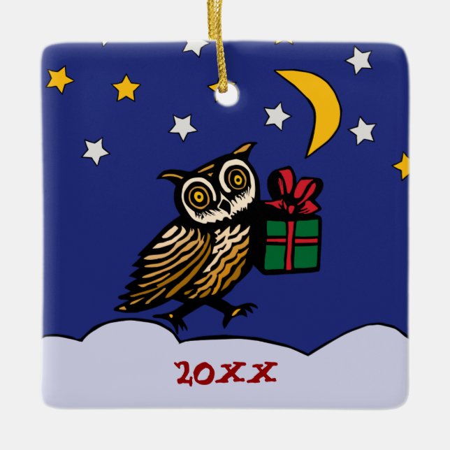 Woodcut Uggla med en gift Snowy Winter Helgdag Julgransprydnad Keramik (Framsida)