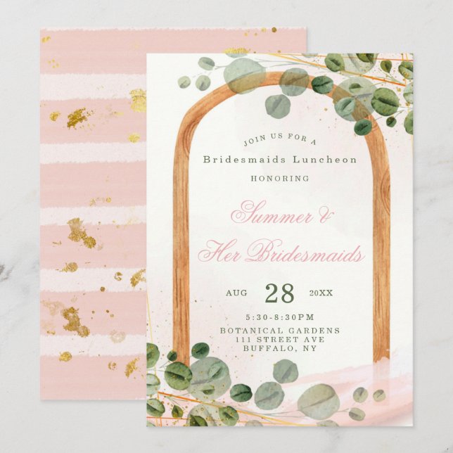 Wooden Arch Rosa Eucalyptus Bridesmaids Luncheon Inbjudningar (Fram/baksida)