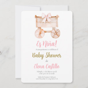 Wooden barnvagn Baby Shower Girl på spanska Inbjudningar