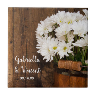 Wooden Bucket White Daisy Land Barn Bröllop Kakelplatta