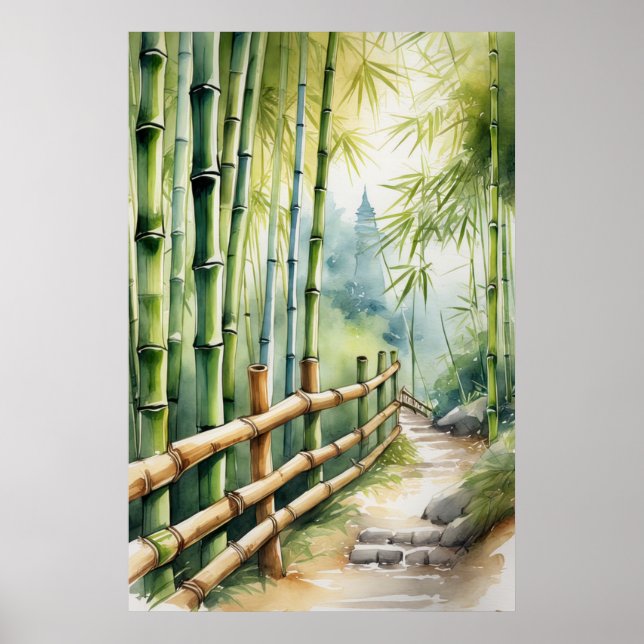 Wooden Fence Väg Amidst Bamboo Poster (Framsidan)