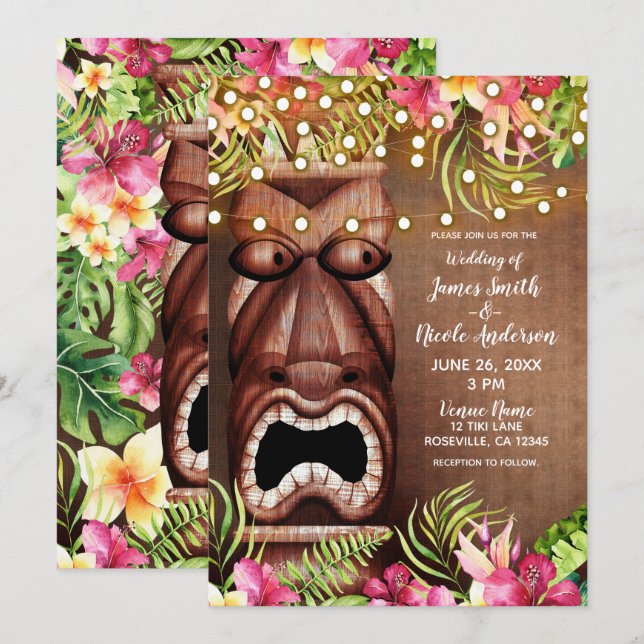Wooden Hawaiian Tiki Luau Summer Beach Wedding Inbjudningar (Fram/baksida)
