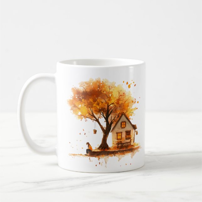 "Wooden House by Autumn Träd: Warm Land Scene" Kaffemugg (Vänster)