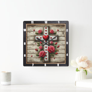 Wooden Kor Hearts Röd ros Fyrkantig Klocka