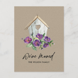 WOODEN KRAFT BLOMMIGT BIRD HOUSE FLYTTA NY ADRESS MEDDELANDE VYKORT