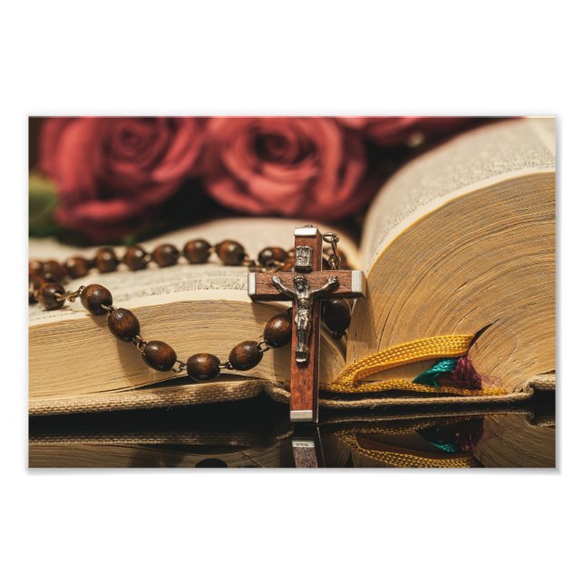 Wooden Rosary med Jesus på Kor Fototryck (Framsidan)