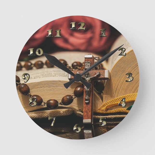 Wooden Rosary med Jesus på Kor Rund Klocka (Framsida)