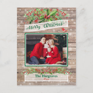 Wooden Rustic jul Holly Snowflake Family Vykort