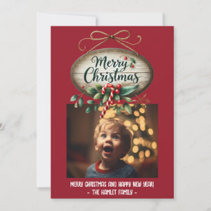 Wooden Sign Evergreen Candy cane Julkort
