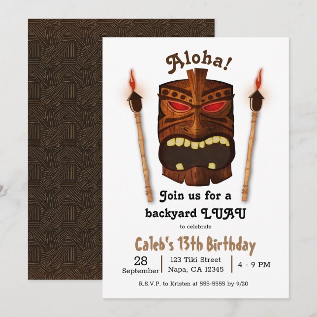 Wooden Tiki Aloha Polynesian Mask Luau Birthday Inbjudningar (Fram/baksida)