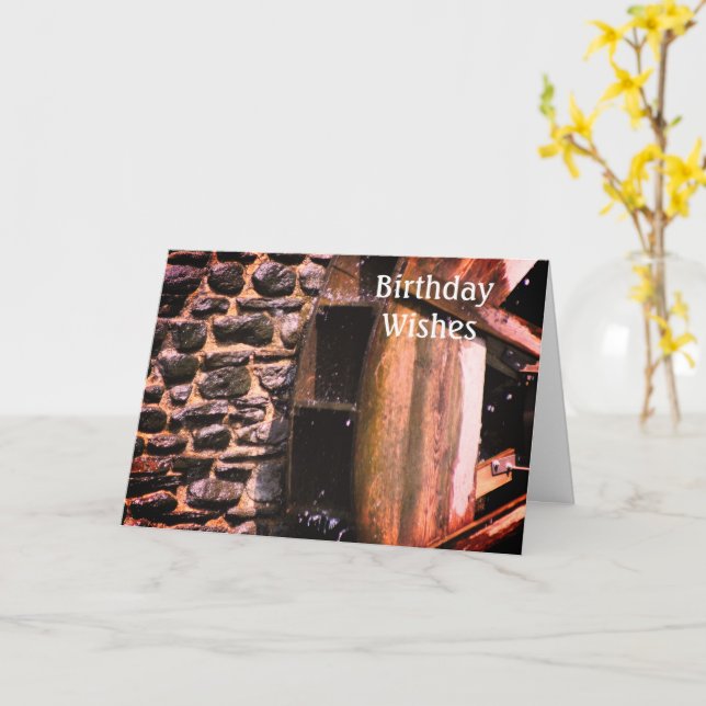 Wooden Vatten Wheel Birthday Kort (Gul blomma)