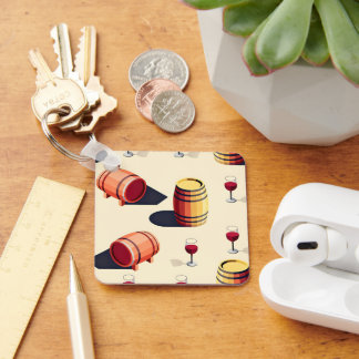 wooden wine barrels and red wine glasses nyckelring