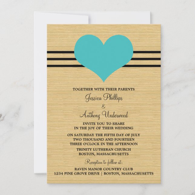 Woodgrain Mod Heart Wedding Investige, Aqua Inbjudningar (Framsida)