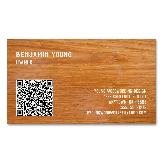 Woodgrain Oak Stil Seven Line Anpassningsbar QR-ko Magnetiska Visitkort (Framsida)
