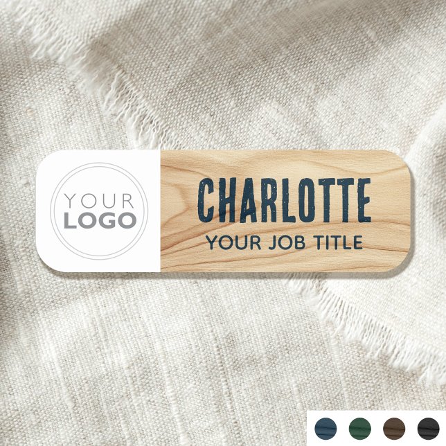 Woodgrain Rustic Employee Company Logotyp Blue ID Namnbricka (Skapare uppladdad)