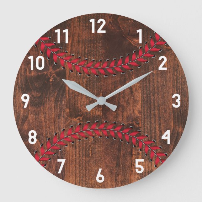 Woodgrain Sporty Baseball Decor Stor Klocka (Framsida)