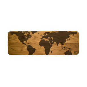 Woodgrain texturerad världskarta returadress etikett