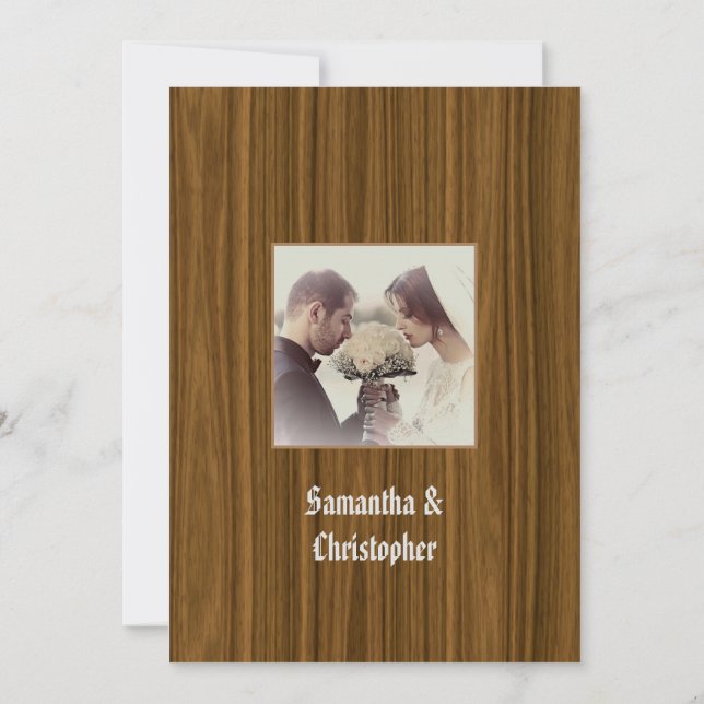 Woodgrain wedding photo invitation inbjudningar (Baksida)