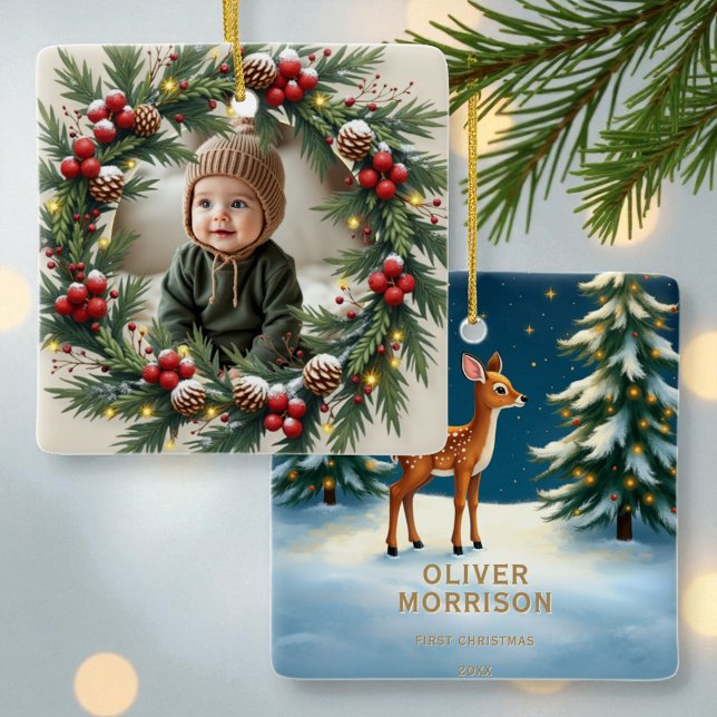 Woodland 1st First Christmas Baby Photo Julgransprydnad Keramik (Skapare uppladdad)