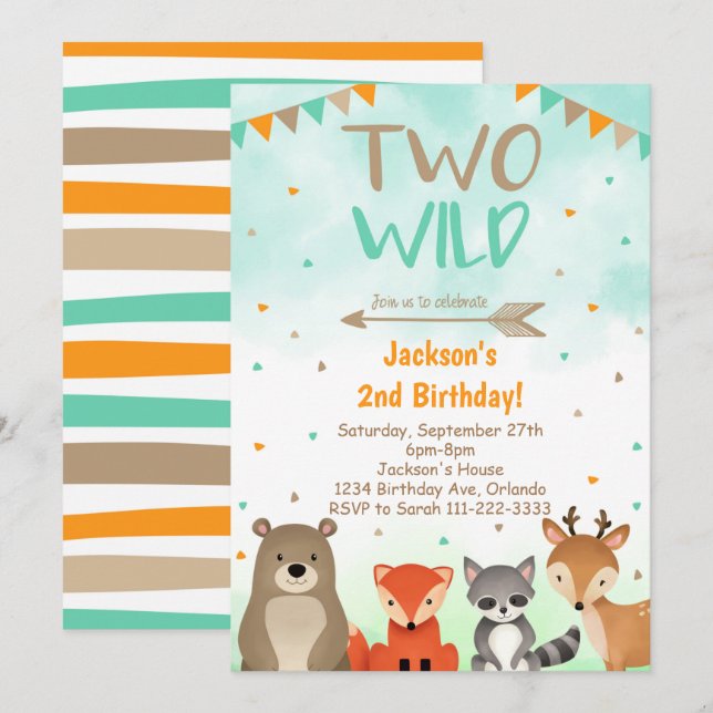 Woodland 2nd Birthday Invitation, Two Wild Invite Inbjudningar (Fram/baksida)