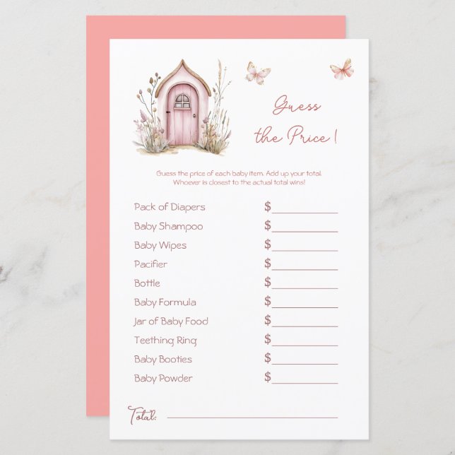 Woodland Älvor Rosa Baby Shower Pris gissning (Fram/baksida)