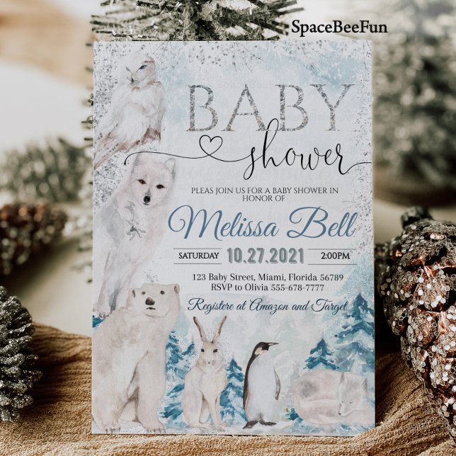 Woodland Animal Baby-duschinbjudan Arktiska anim Inbjudningar (Woodland Animal Baby shower invitation Arctic animals Winter baby shower invitation)