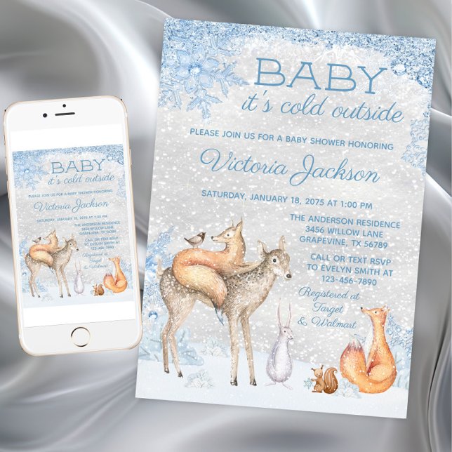 Woodland Animal Baby Kallet utanför babyskabinläsa Inbjudningar (Baby it's cold outside baby shower invitation. Instant download and printed invitations available.)