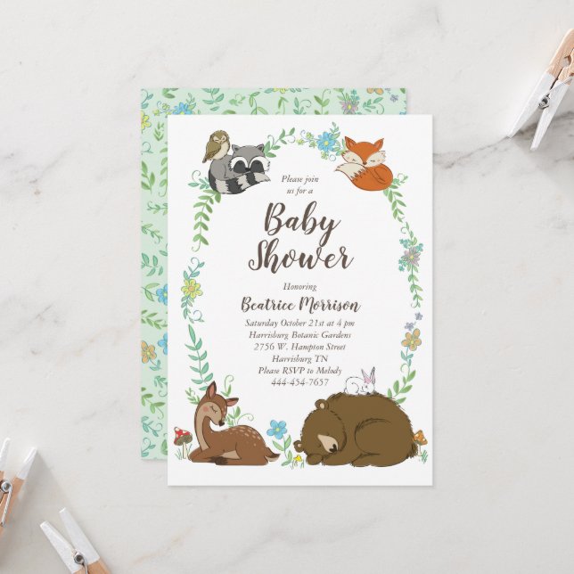 Woodland Animal Baby Shower Inbjudningar (Fram/Back In Situ)
