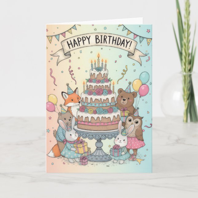 Woodland Animal Birthday Party Card Kort (Framsida)