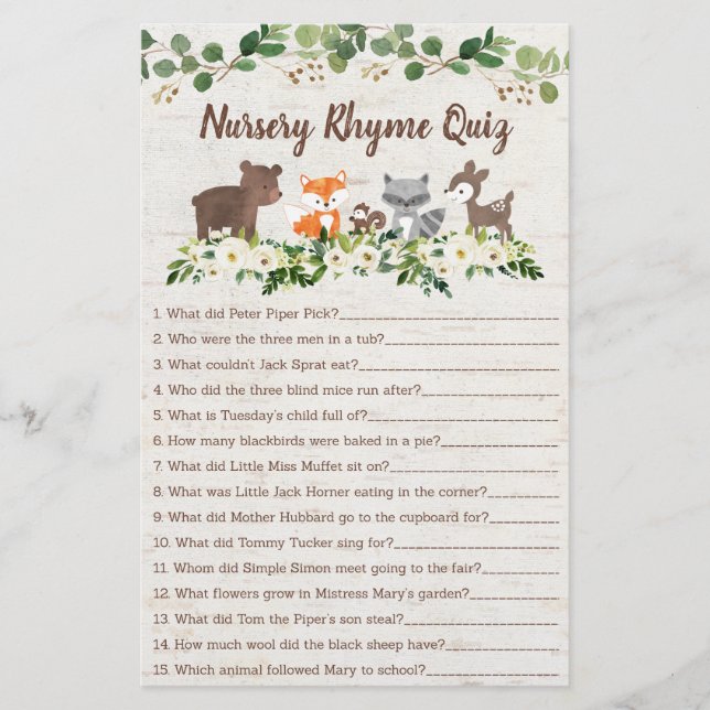 Woodland Animal Blommigt Nursery Rhyme Shower Game (Framsida)