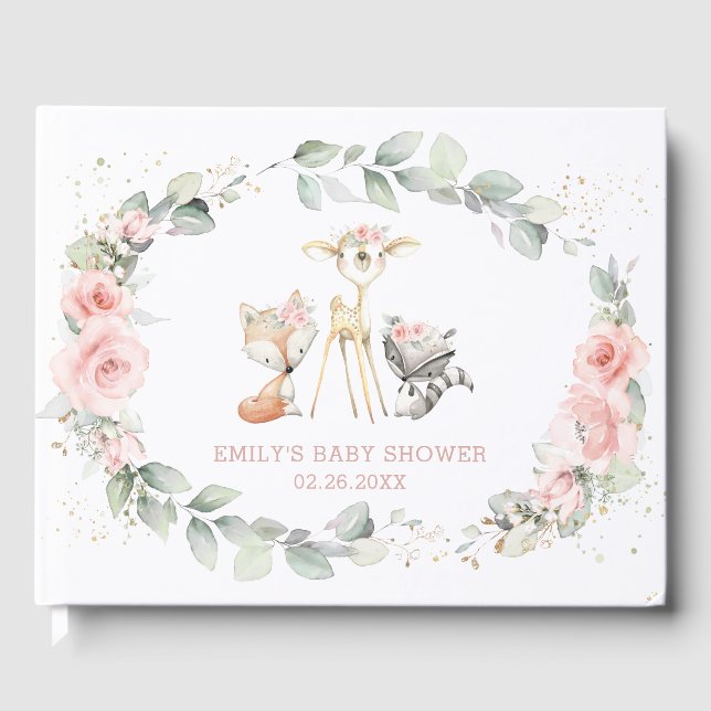 Woodland Animal Chic  Rosa Blommigt Baby Shower Gästböcker (Framsida)