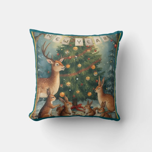 Woodland Animal Christmas New Year Kudde (Framsida)