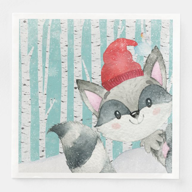 Woodland Animal Friends in Winter Forest-Racoon Pappersservett (Framsida)