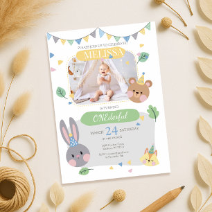 Woodland Animal Girl's 1st Birthday Call Inbjudningar