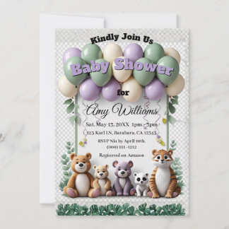Woodland Animal Green aand Lavender Baby Shower Inbjudningar