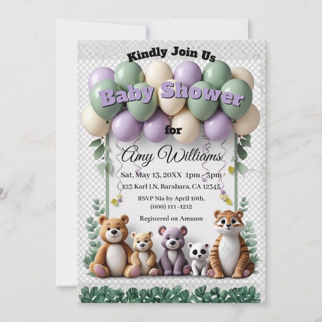Woodland Animal Green aand Lavender Baby Shower Inbjudningar (Framsida)